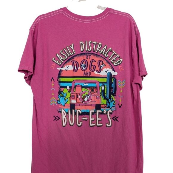 Buc-ees Graphic Tee Womens Size Medium Pink Easily Distracted By Dogs Cotton - Picture 1 of 10